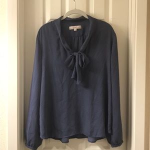 LOFT Blue w/ White Polka Tie Front Blouse